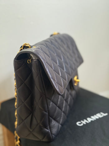 1990s Super Rare Chanel Vintage Jumbo Single Flap Lambskin Navy Blue Crossover – Assay Jewelers