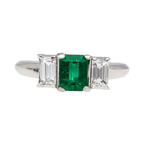 1.07 Carat Square-Cut Emerald and Diamond Three Stone Platinum Ring