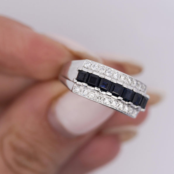 1.16 Carat Sapphire and Round Cut Diamond Cluster Band Ring in Platinum