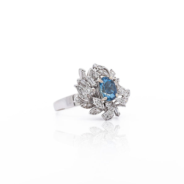 1.26 Carat Aquamarine & Diamond in 18K Yellow Gold Floral Statement Ring