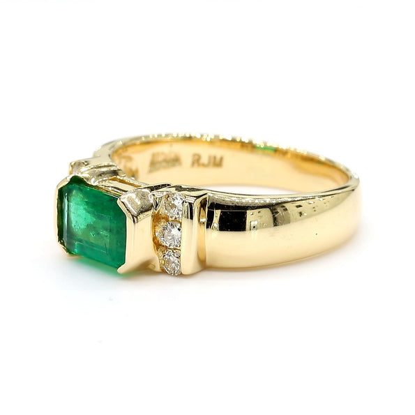 1.30 Carat Emerald Half Bezel East West Set 14K Gold Unisex Ring