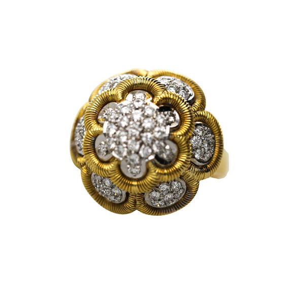 1.35 Carat Round Diamond Pave 18K Two Tone Gold Floral Dome Cocktail Ring