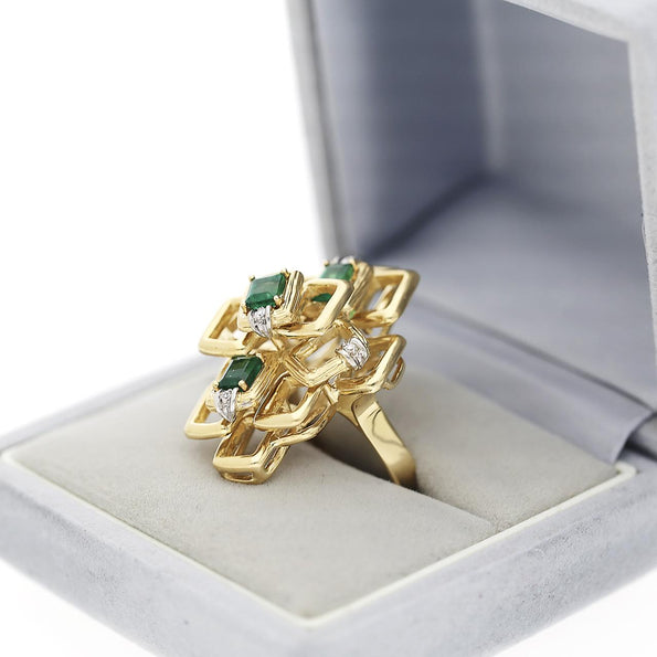 1.37 Carat Emerald and Diamond 18K Gold Geometric Lattice Ring