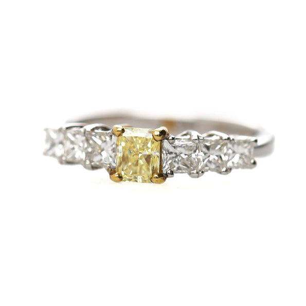 1.41 Carat Fancy Yellow Radiant & White Princess Diamond Illusion Band Ring
