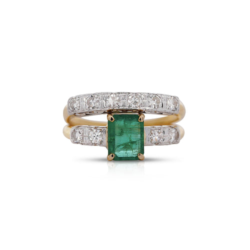 1.5 Carat Emerald and Old Cut Diamond 2 Piece Wedding Band and Ring Set