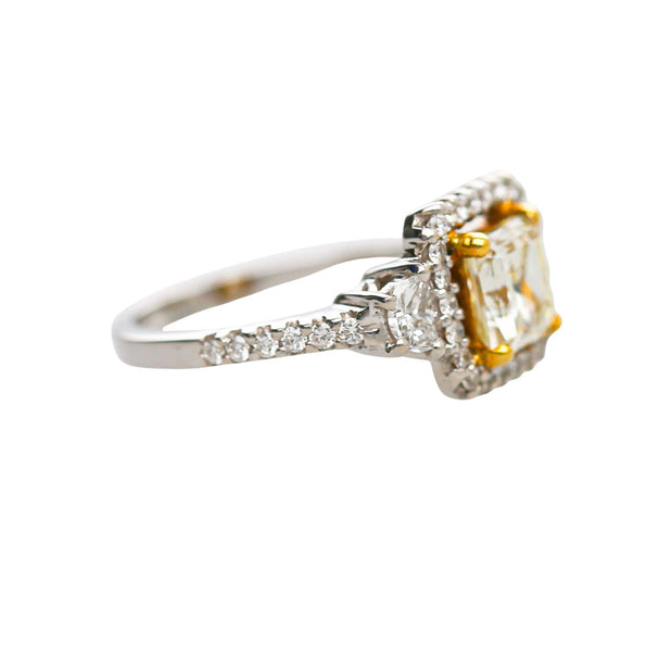 1.51 Carat Fancy Yellow Square Cut Diamond Halo 18K Gold Engagement Ring