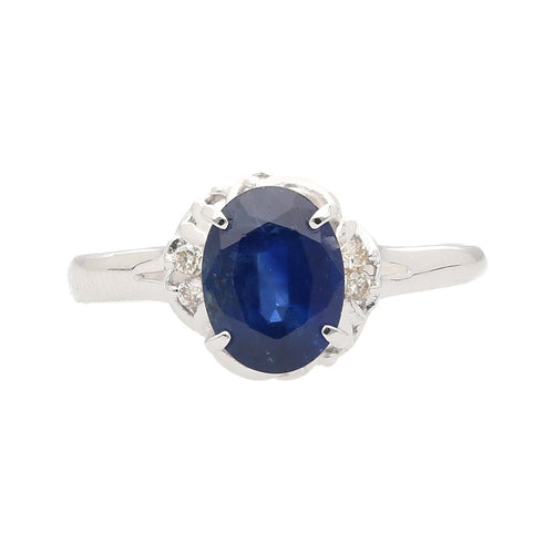 1.66 Carat Oval Blue Sapphire and Diamond Platinum Dainty Ring