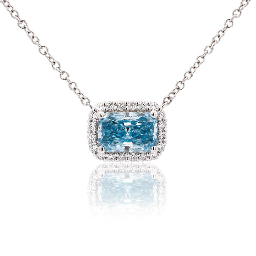 1.72 Carat Radiant Cut Blue & White Diamond Halo 14K White Gold Pendant Necklace