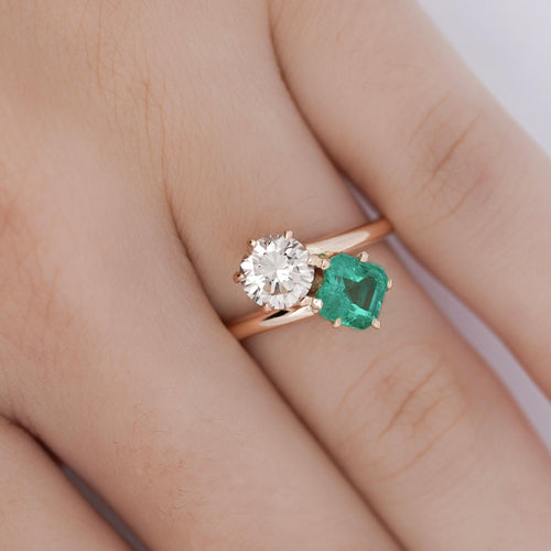 1.84 Carat Square Emerald & Round Diamond 18K Gold Toi et Moi Bypass Ring