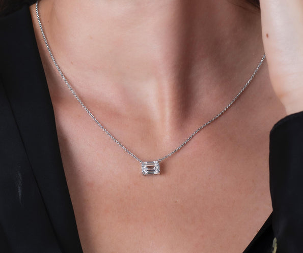 2-4 Carat Emerald Cut Lab Diamond East West Solitaire Pendant Necklace