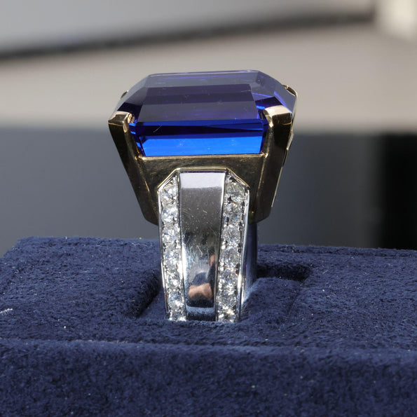 20.45 Carat Emerald Cut Tanzanite & Diamond in 14K Two Tone Gold Cocktail Ring