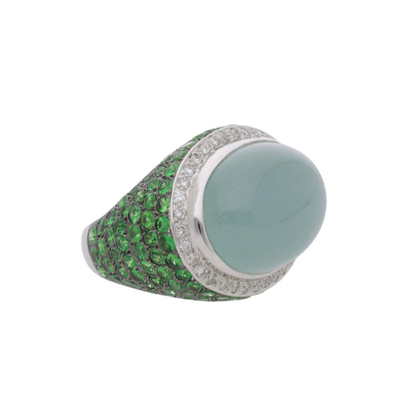 20.86 Carat Oval Aquamarine Tsavorite Diamond Dome 18K White Gold Cocktail Ring