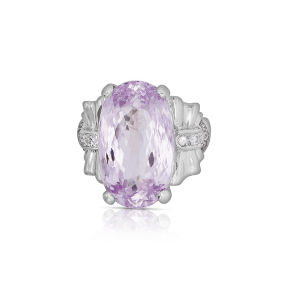 20.96 Carat Oval Light Pink Kunzite & Diamond in Platinum Filigree Cocktail Ring
