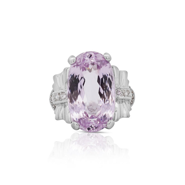 20.96 Carat Oval Light Pink Kunzite & Diamond in Platinum Filigree Cocktail Ring