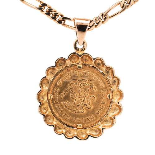 22K Gold Coin Mexican 20 Pesos 1959 Pendant in 14K Gold Figaro Chain Necklace