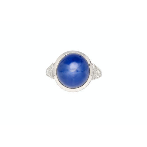 25 Carat GRS Certified No Heat Cabochon Cut Blue Star Sapphire Ring With Trapezoid Cut Diamonds