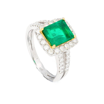 Bague halo en émeraude colombienne Muzo taille old mine de 2,06 carats et diamants, avec anneau fendu en or 18K – Assay Jewelers