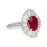 2.19 Carat Oval Cut Ruby and Baguette Diamond Halo Platinum Ballerina Ring