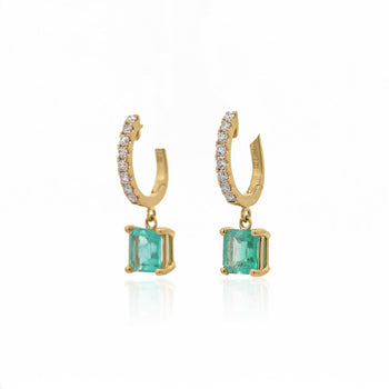 2.19 Carat Square Emerald & Diamond 18K Gold Dangling Huggie Earrings – Assay Jewelers