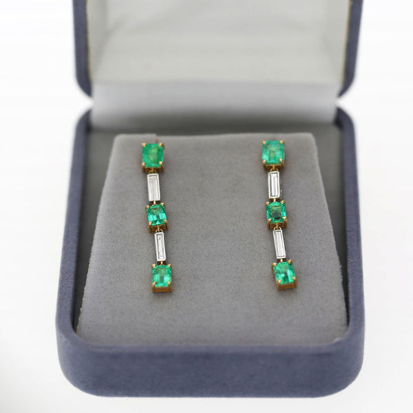 2.31 Carat Emerald & Baguette Diamond 18K Gold Drop Earrings