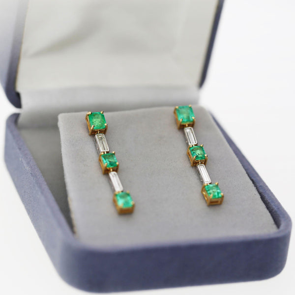 2.31 Carat Emerald & Baguette Diamond 18K Gold Drop Earrings
