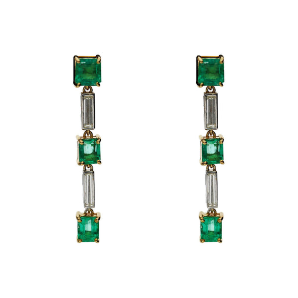 2.31 Carat Emerald & Baguette Diamond 18K Gold Drop Earrings