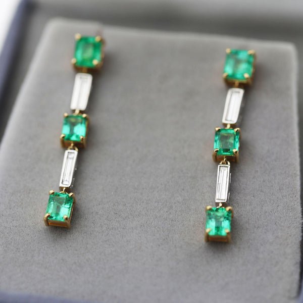 2.31 Carat Emerald & Baguette Diamond 18K Gold Drop Earrings