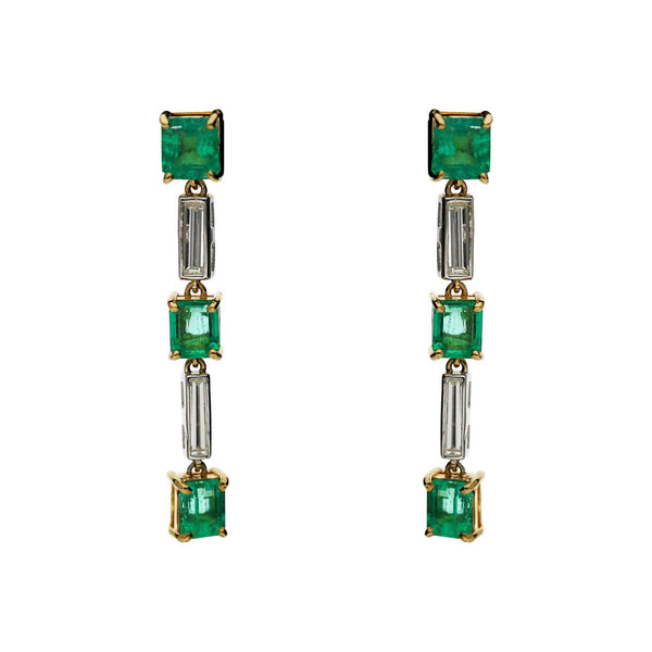 2.31 Carat Emerald & Baguette Diamond 18K Gold Drop Earrings