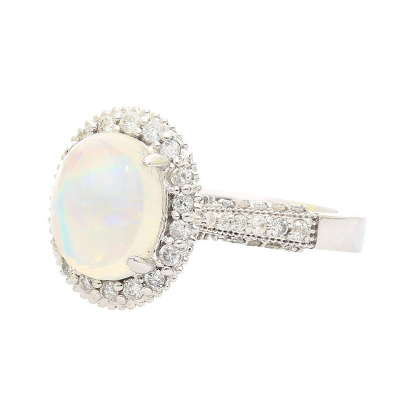 2.52 Carat Oval Opal & Diamond Halo 14K White Gold Cathedral Ring