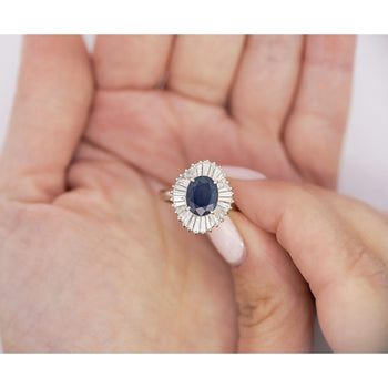2.58 Carat Oval Cut Blue Sapphire and Diamond Halo Platinum Ballerina Ring – Assay Jewelers