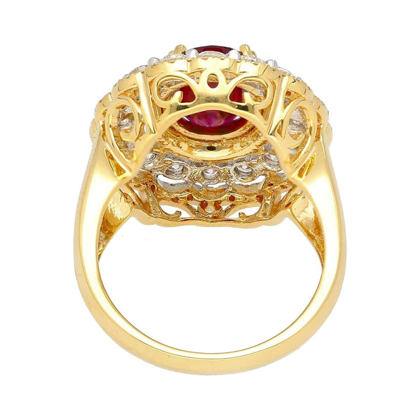 2.58 Carat Oval Thai Ruby & Triple Diamond Halo Retro Wide Frame Ring