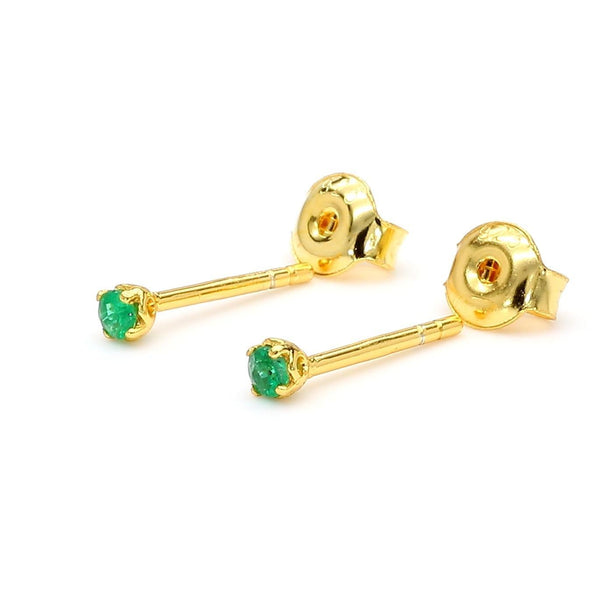 2.5mm Tiny Natural Emerald Round Stud Earrings 14K Gold Plated Silver