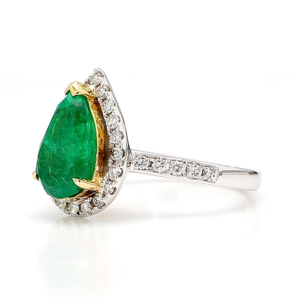 2.89 Carat Pear Vivid Green Emerald & Diamond Halo 18K Gold Halo Ring