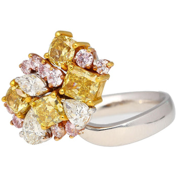 3 Carat Pink, Yellow, White Multi Cut Diamond Cluster Platinum And 18K Gold Ring – Assay Jewelers