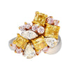 3 Carat Pink, Yellow, White Multi Cut Diamond Cluster Platinum And 18K Gold Ring