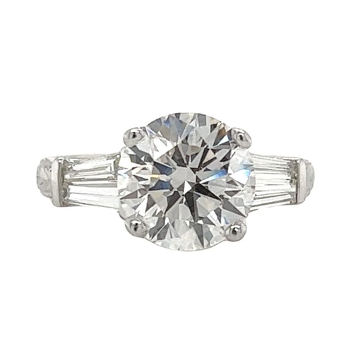 3 Carat Round Lab Grown Diamond With Baguette Diamond Side Stones in Vintage Platinum Ring