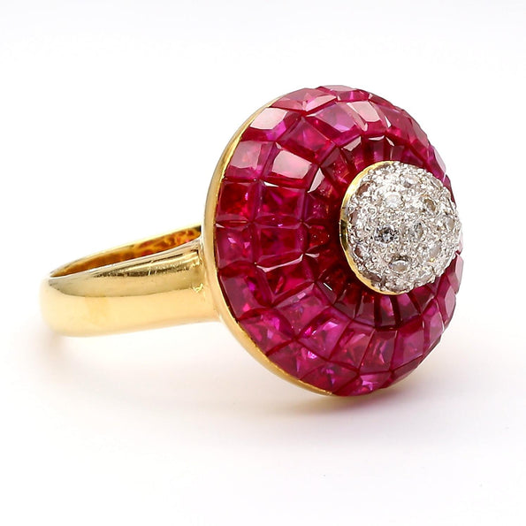 3 Carat Square Ruby and Diamond 18K Gold Button Cocktail Ring