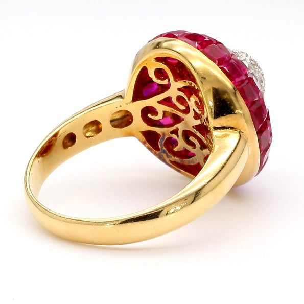 3 Carat Square Ruby and Diamond 18K Gold Button Cocktail Ring