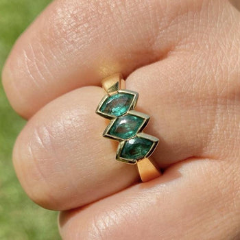 3-Stone Marquise Cut Emerald in 14k Solid Yellow Gold Ring – Assay Jewelers