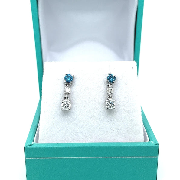 3 Stone Round Cut Natural Blue and White Diamond Drop Earrings In 18K White Gold