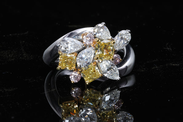 3.07 Carat Yellow Cushion Pink White Diamond in Platinum 18K Gold Cluster Ring