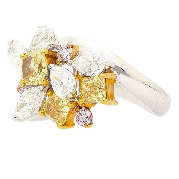 3.07 Carat Yellow Cushion Pink White Diamond in Platinum 18K Gold Cluster Ring