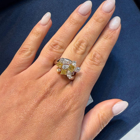 3.07 Carat Yellow Cushion Pink White Diamond in Platinum 18K Gold Cluster Ring