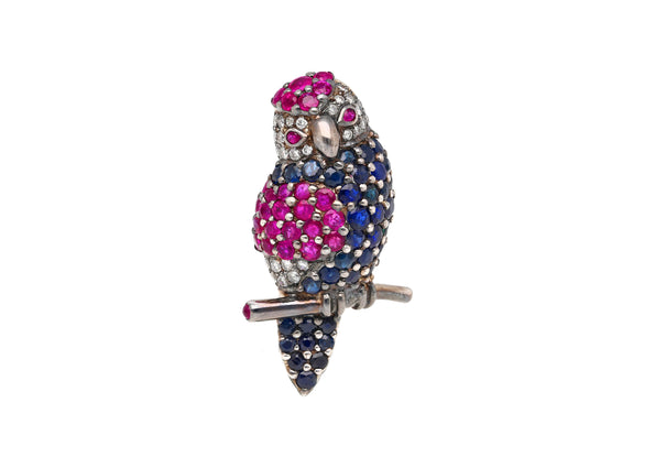 3.14 Carat Pink & Blue Sapphire & Diamond Pave in 18K White Gold Parrot Brooch