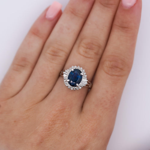 3.21 Carat Oval Cut Blue Sapphire and Diamond in Platinum Ring