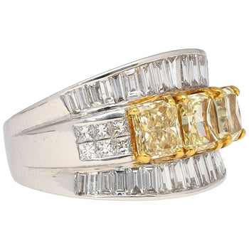 3.28 Carat TW Natural Radiant Cut Fancy Yellow Diamond 3-Stone Ring in 18K White Gold – Assay Jewelers