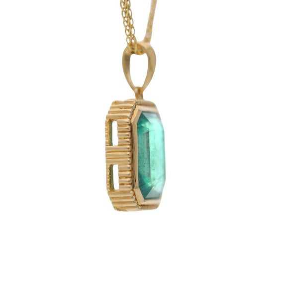3.47 Carat Emerald Cut Emerald Milgrain Bezel 18K Yellow Gold Pendant Necklace
