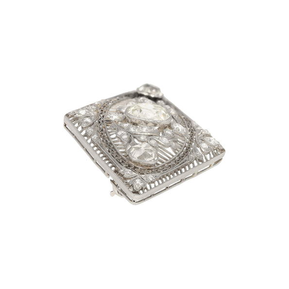 3.5 Carat Old European Cut Art Deco Diamond Brooch in Textured Filigree Platinum