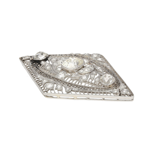 3.5 Carat Old European Cut Art Deco Diamond Brooch in Textured Filigree Platinum