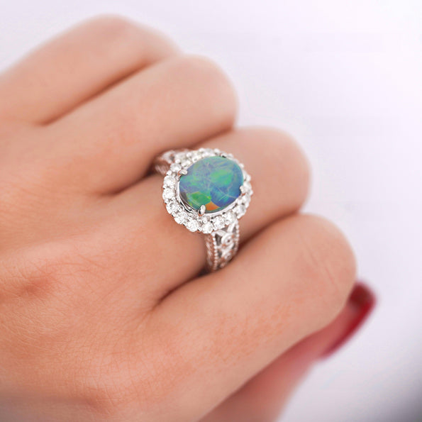 3.50 Carat Black Opal & Diamond Halo Platinum Filigree Ring